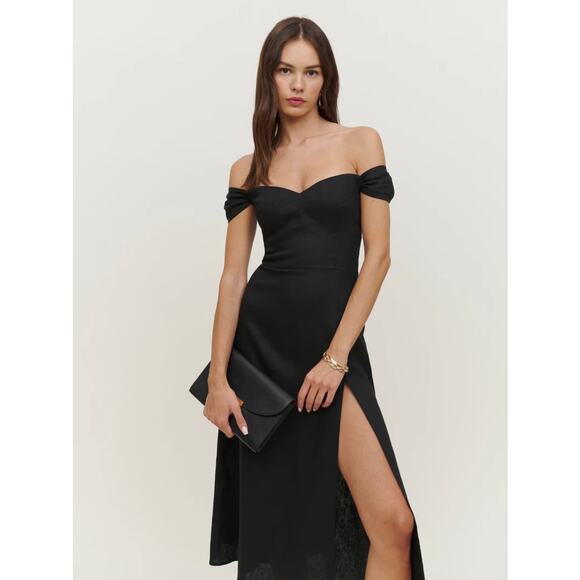 Reformation Bridgton Black Linen Sweetheart Off Shoulder Slit Midi Dress Size 8 - Picture 1 of 5